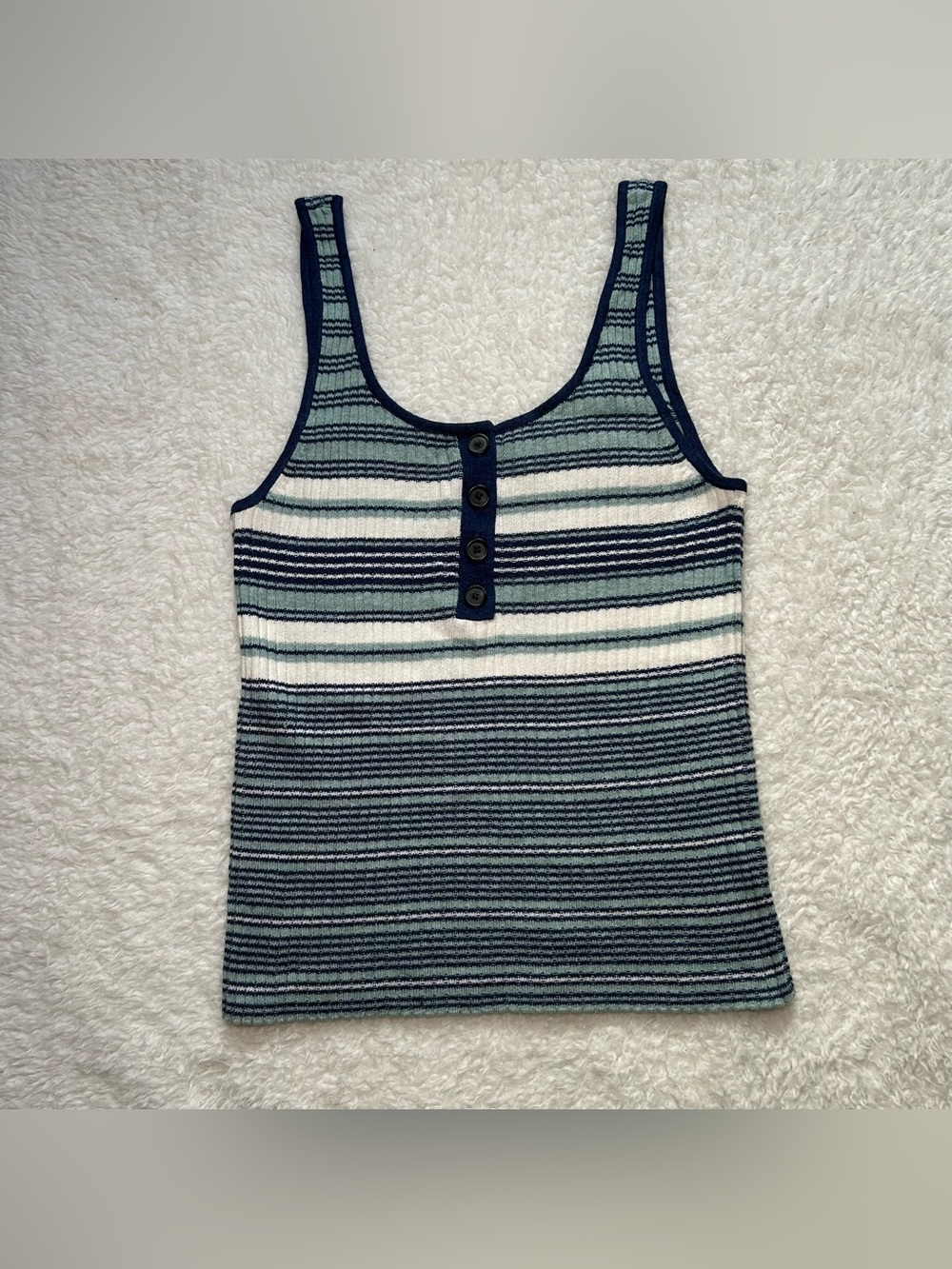 American Eagle Blue & White Striped Ribbed Knit Tank Top Button Down Medium